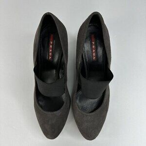 Prada Linea Rossa Women's Dark Gray Mary Jane‎ Suede Wedge Heels EU 37.5 /US 7